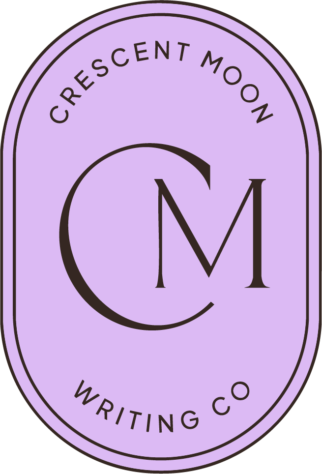 A lavender oval logo with black text that reads 'Crescent Moon Writing Co' and a large 'CM' in the center.