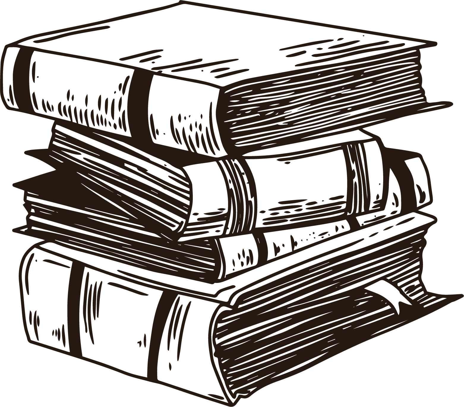 Sketch of a stack of books with visible spines and pages, drawn in dark brown lines.