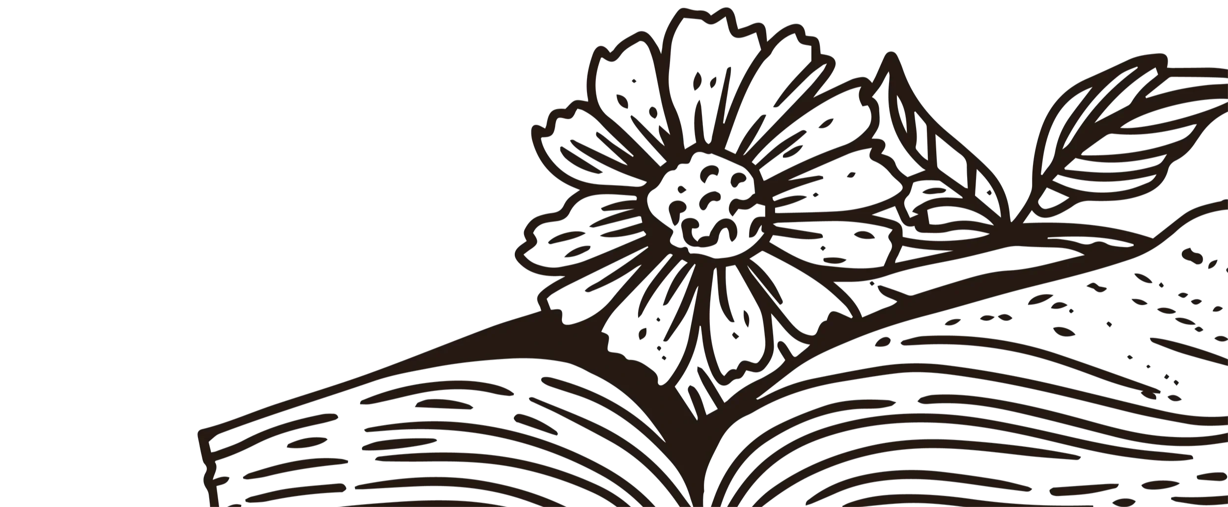 Line drawing of a flower resting on the pages of a book.