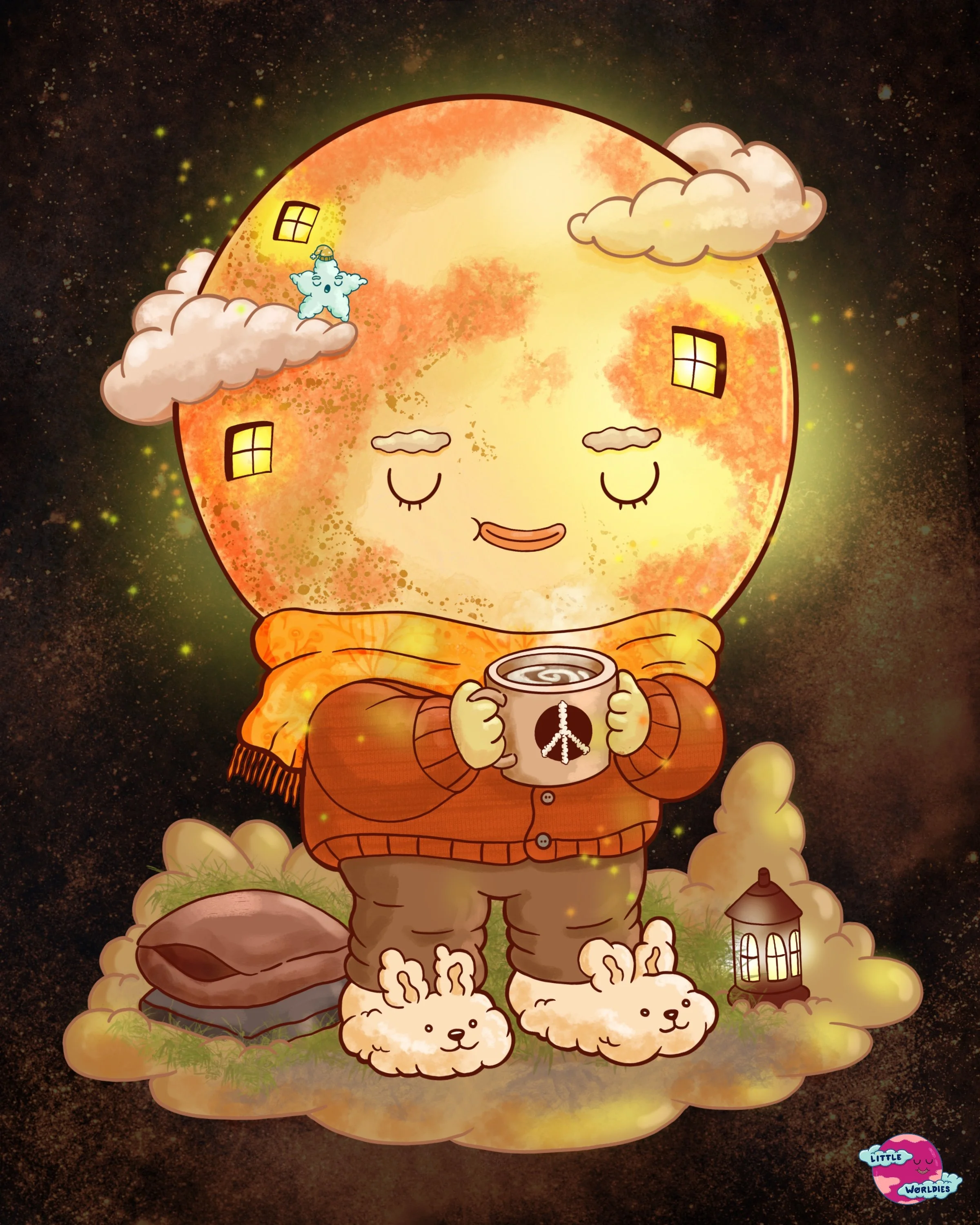 Cozy Planet holding a warm coffee, wearing a scarf and bunny slippers.