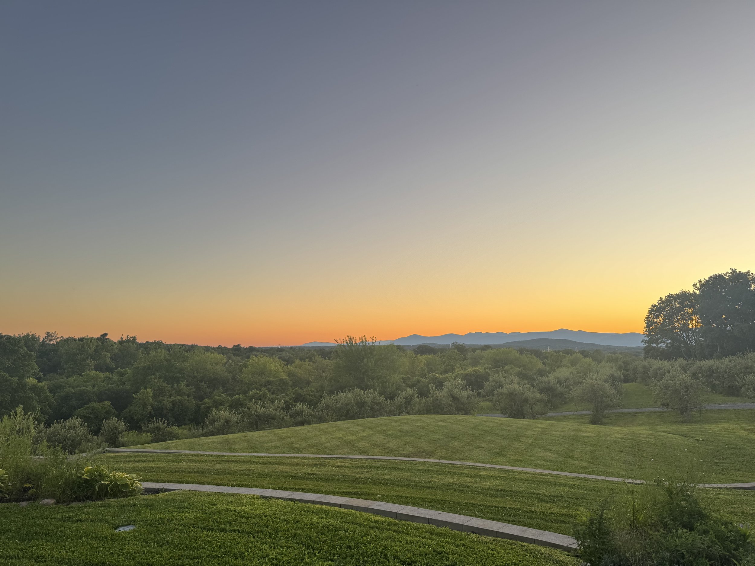 Scenic view of a park landscape at sunset with green grass, trees, and distant mountains under a clear sky.