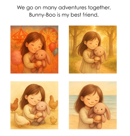 Four illustrations of a girl holding a bunny stuffed animal in different outdoor settings with the text "We go on many adventures together. Bunny-Boo is my best friend."
