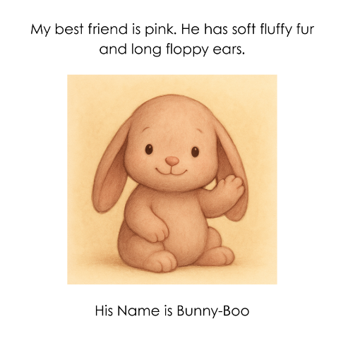 Cute illustration of a pink bunny with soft fluffy fur, long floppy ears, and a friendly expression, sitting and waving.
