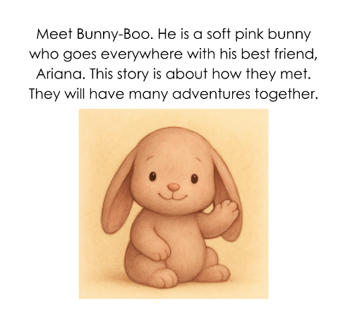 Illustration of Bunny-Boo, a soft pink bunny with long floppy ears, sitting and smiling, with a background in soft yellow.
