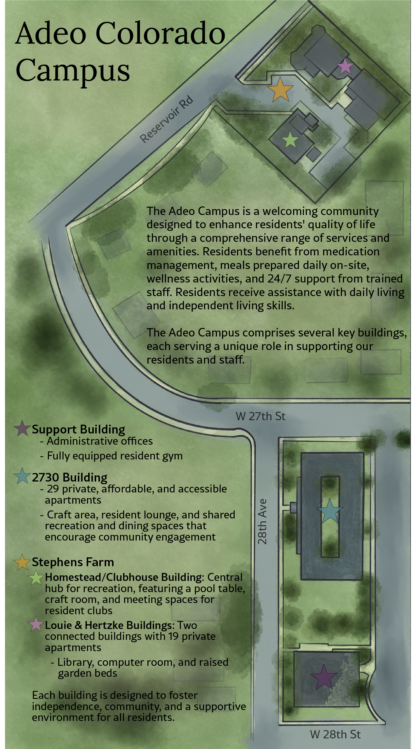 map of the Adeo Colorado Campus, including the support building, 2730 and stephens Farm
