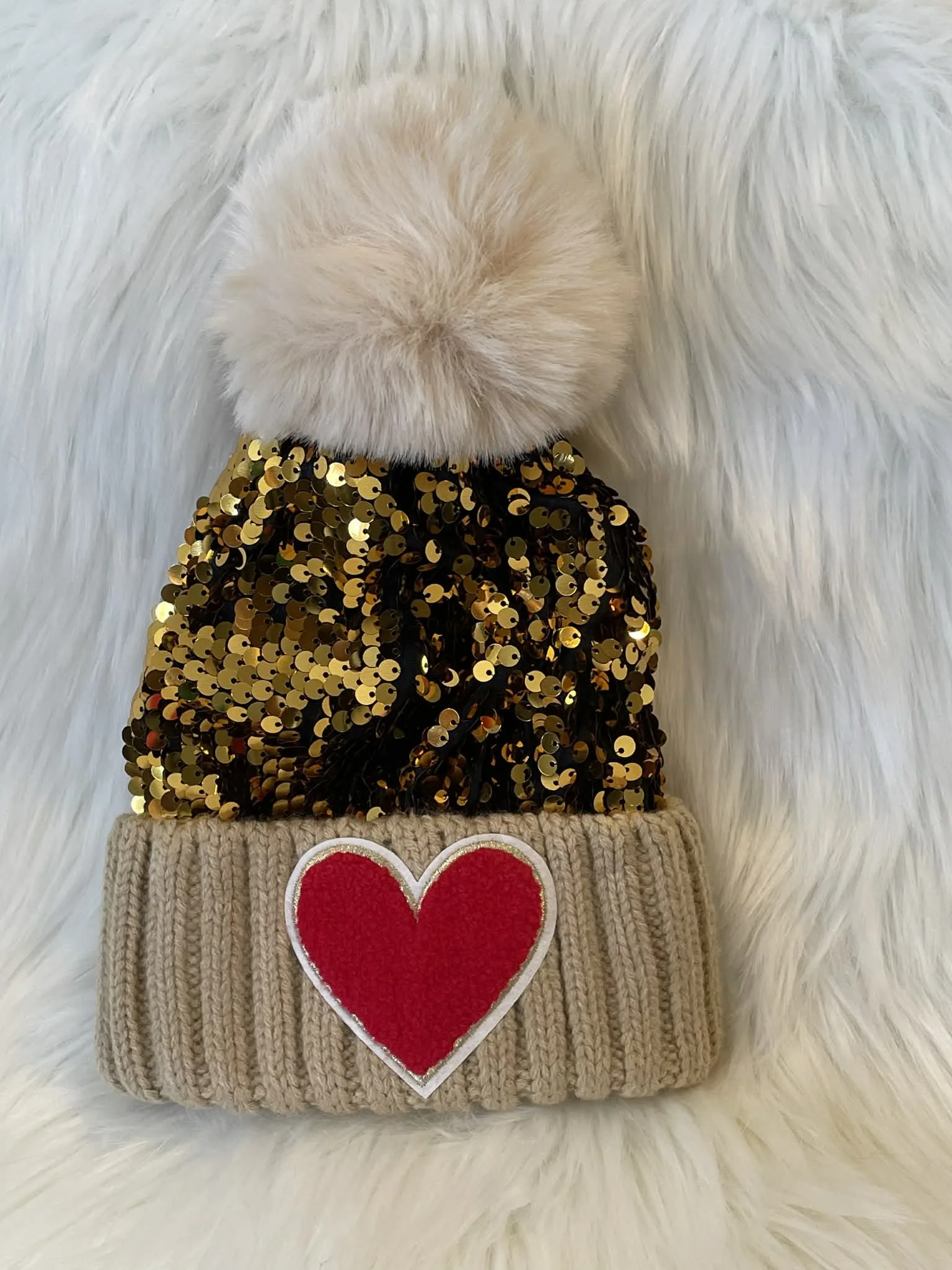 Gold sequin beanie with red heart (youth/adult)