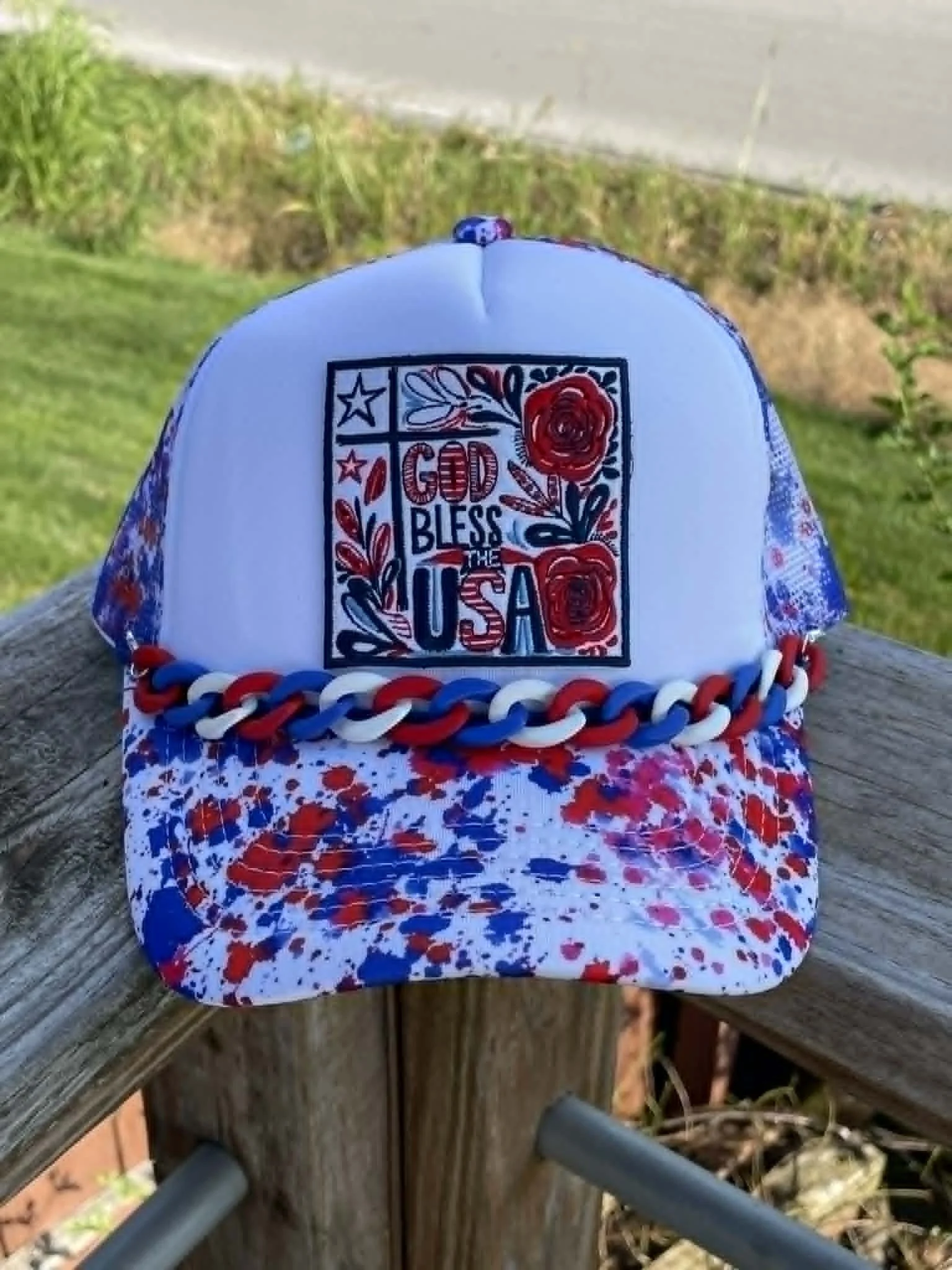 Patriotic Splatter Baseball Cap with Chain Accent