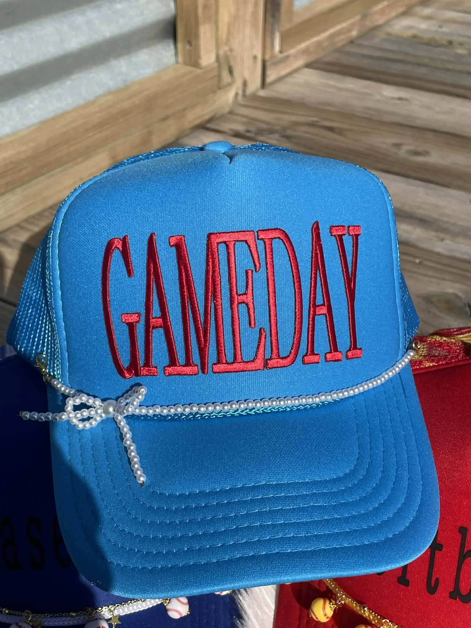 Blue with Red "Gameday" with White Pearl Bow Hat Chain