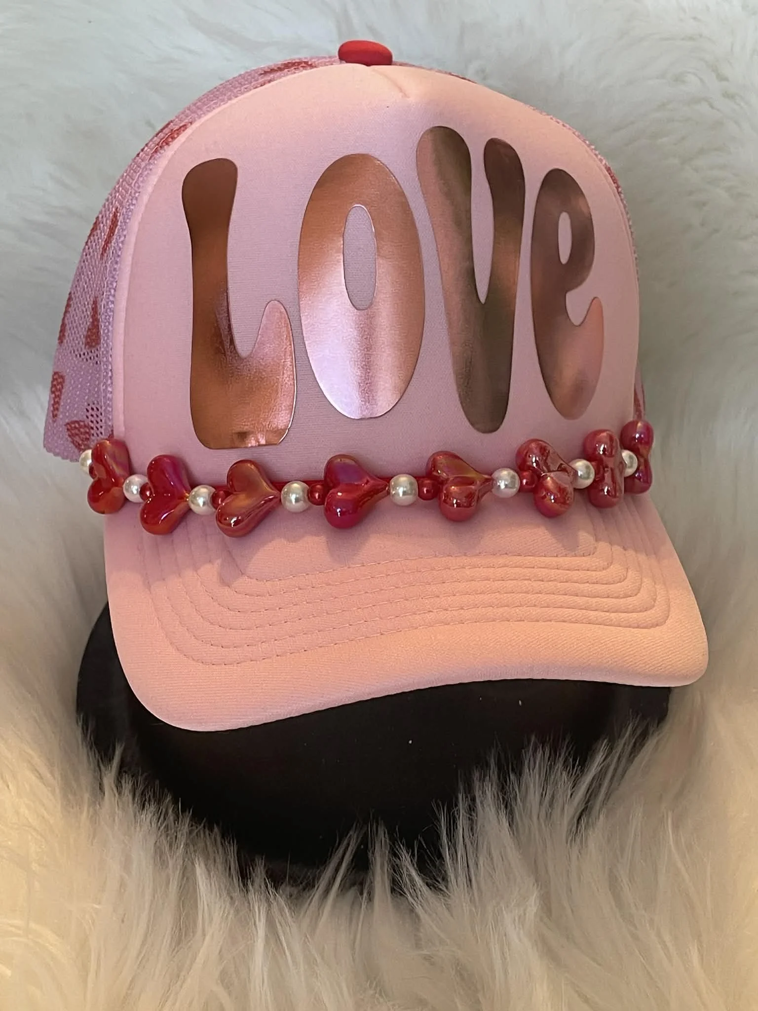 Pink with Red Hearts Metalic Love with Heart Hat Chain