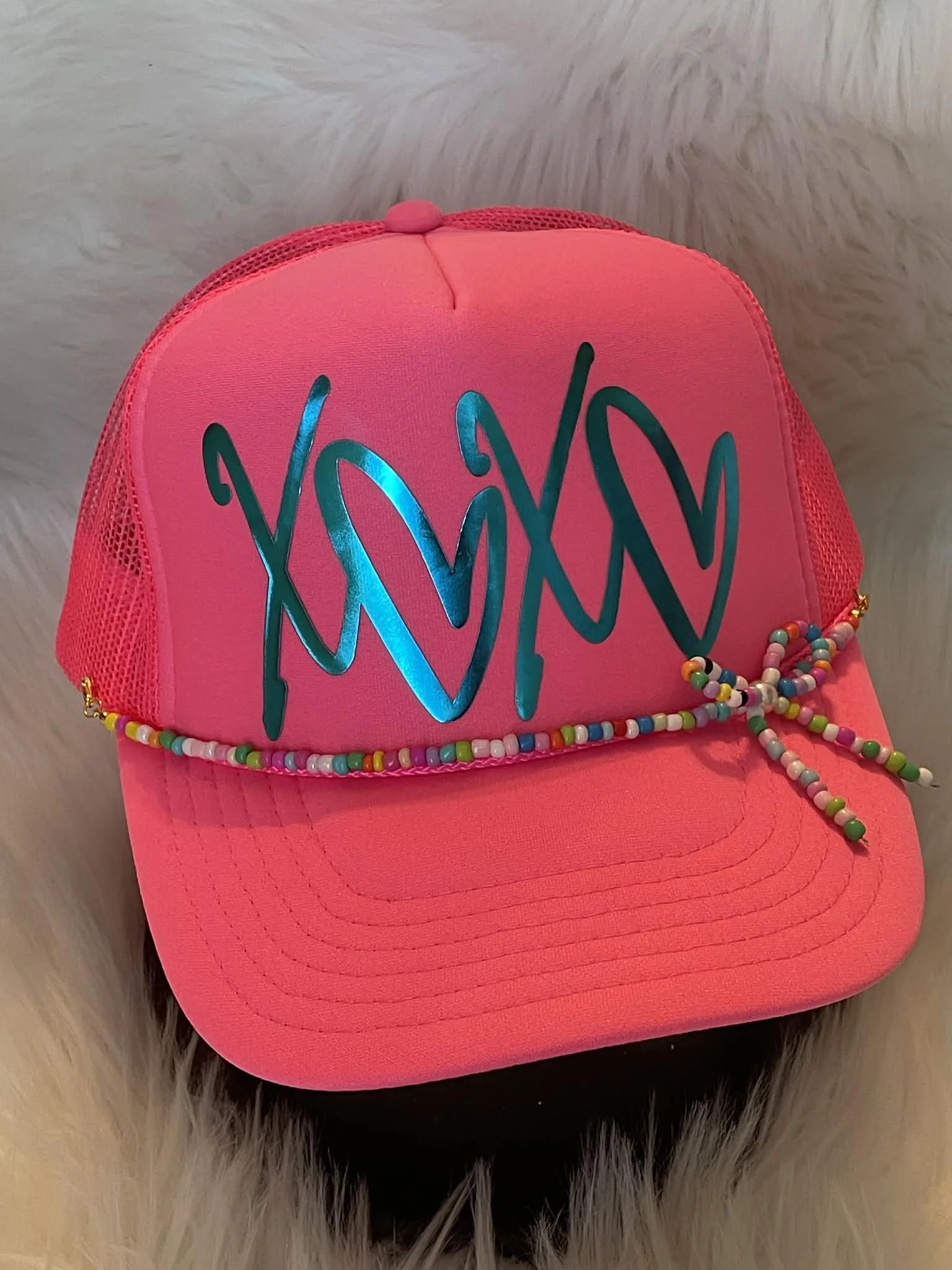 Valentine Pink/blue bow hat with metalic pink embellished Love with bow hat chain