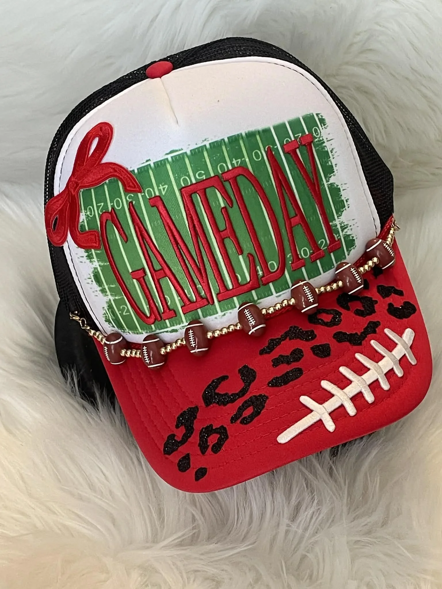 Football Gameday red/black with football stitch and leopard print accent and football hat chain