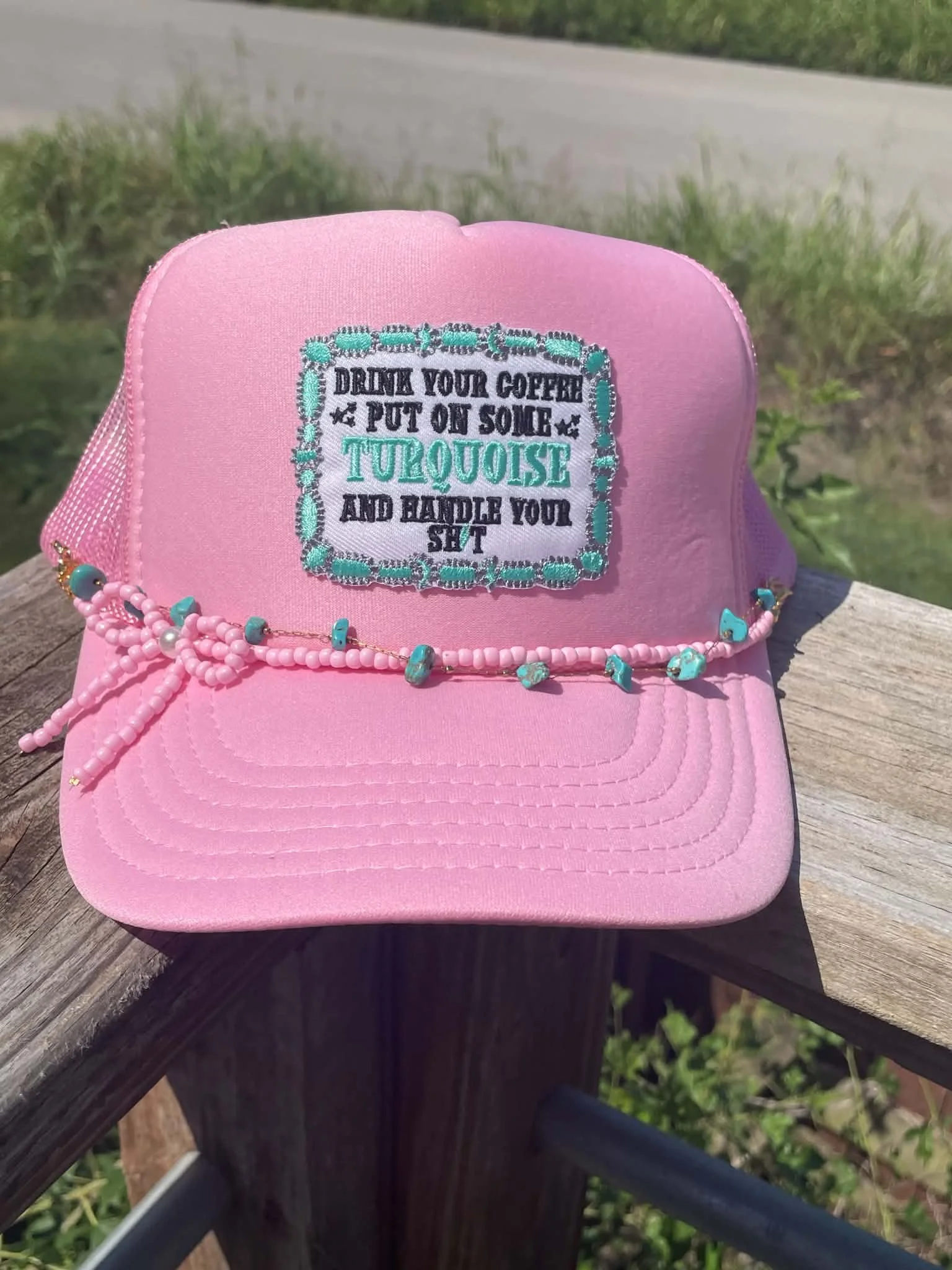 Cowgirl Spirit Pink Trucker Hat with Turquoise Accents