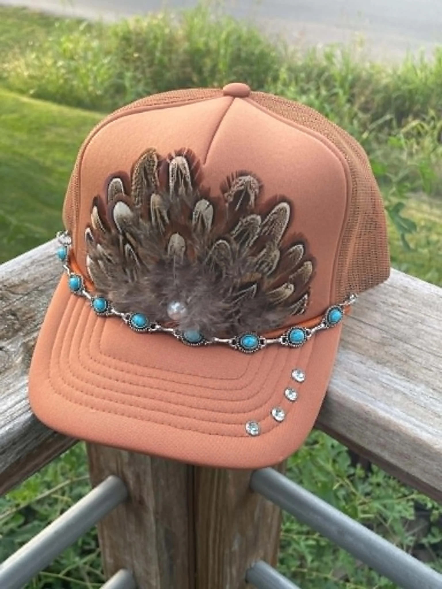 Rustic Turquoise Feather Trucker Hat