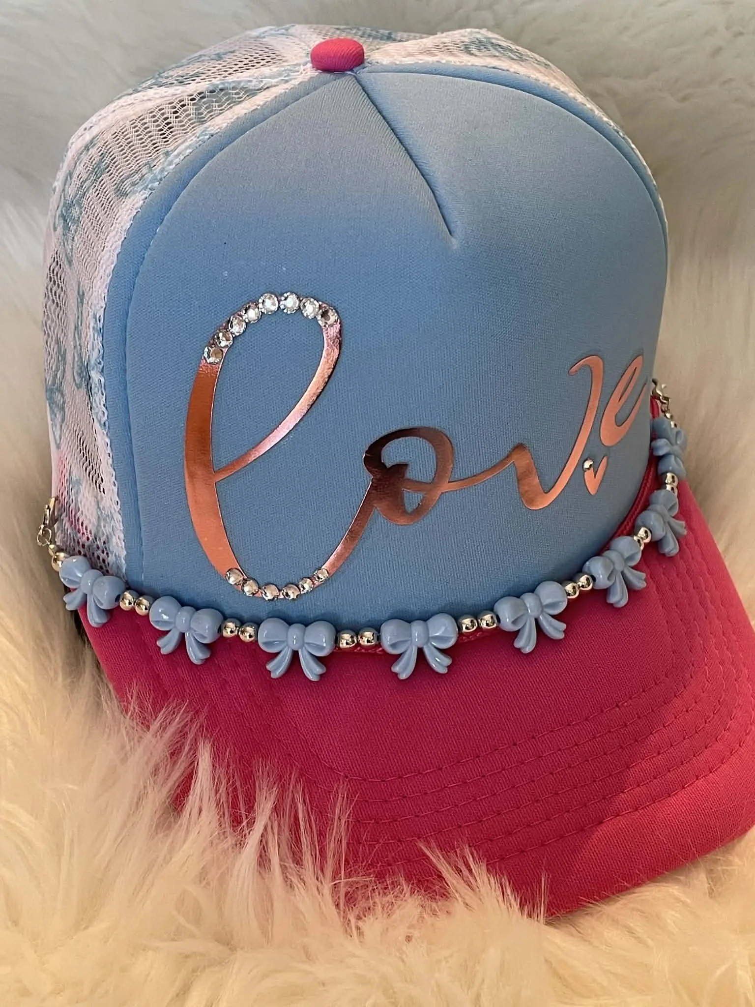 Valentine Pink/blue bow hat with metalic pink embellished Love with bow hat chain