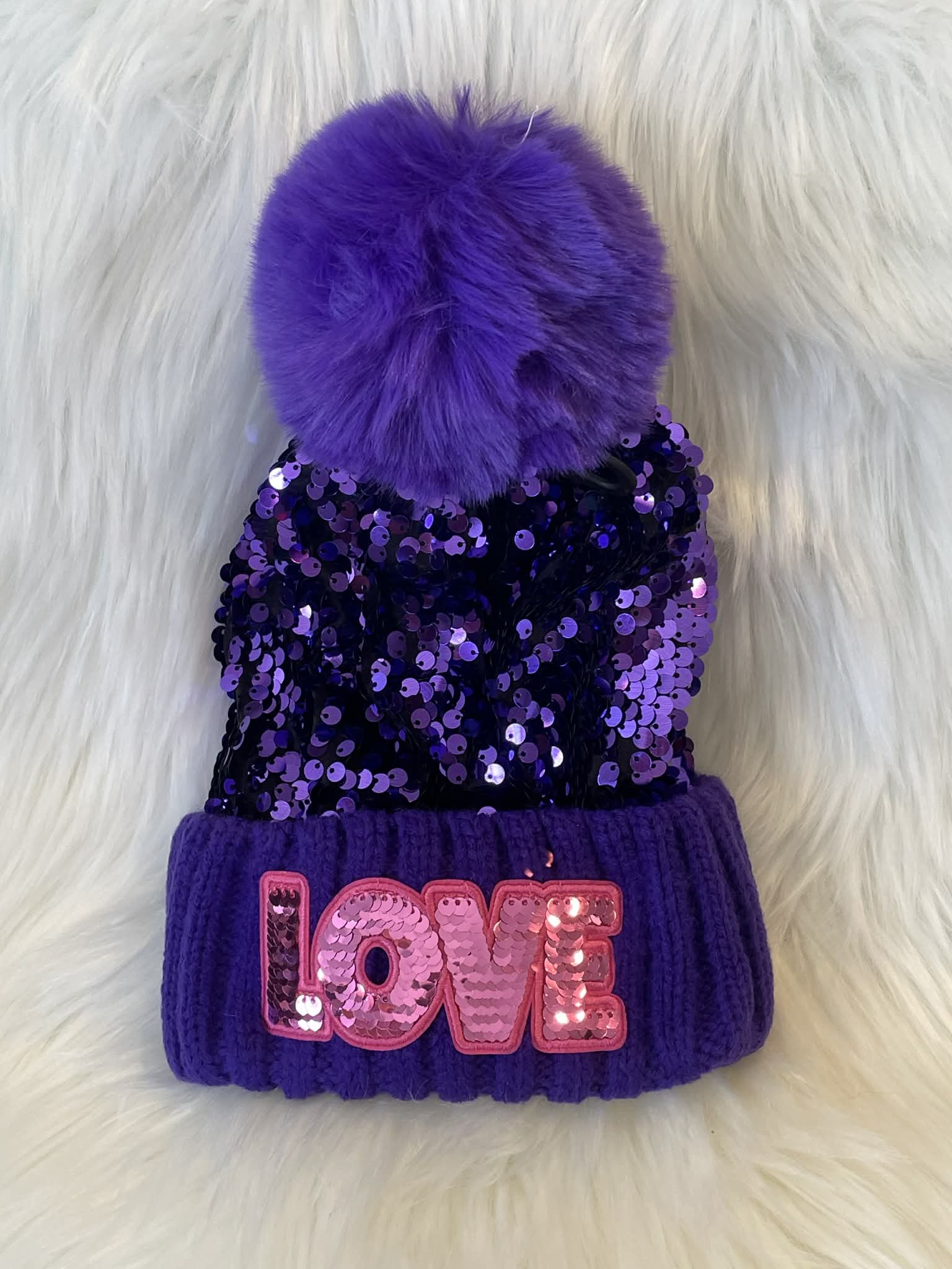 Purple sequin beanie with pink sequin Love patch (youth/adult)