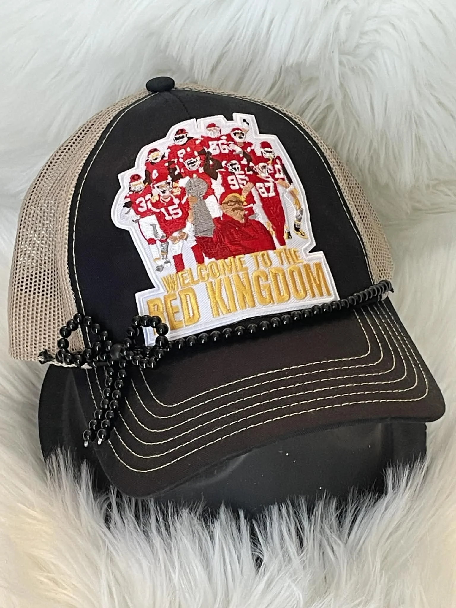 2025 Chiefs Kingdom black/khaki with black pearl bow hat chain