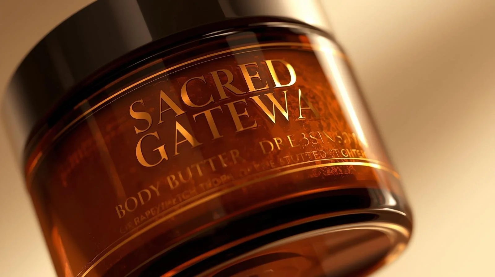 Amber glass Body butter that says sacred gateway in gold.jpeg