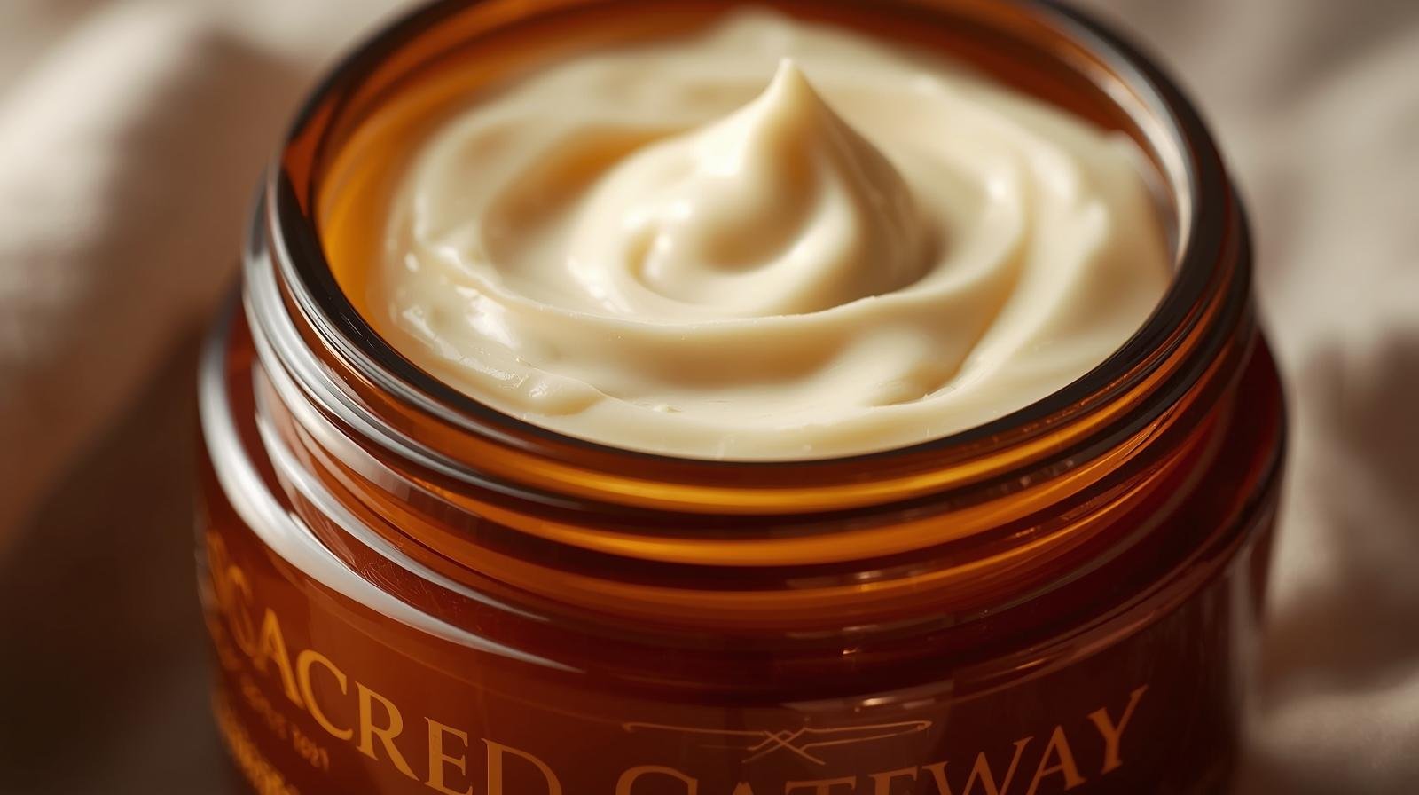 Amber glass Body butter that says sacred gateway in gold.jpeg