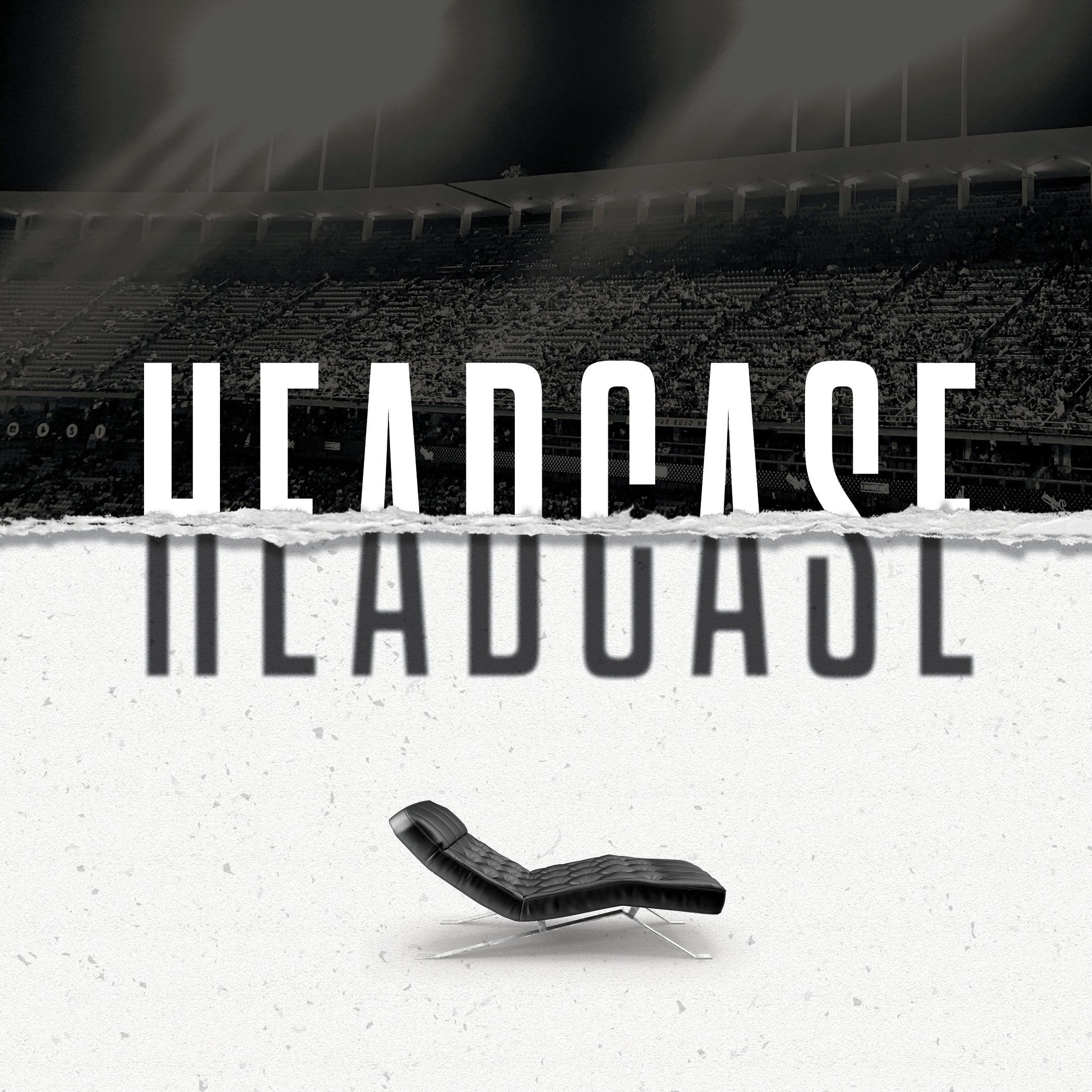 A black leather lounge chair set against a textured white background with the phrase 'HEADCASE' in bold black letters, and a stadium filled with people above.
