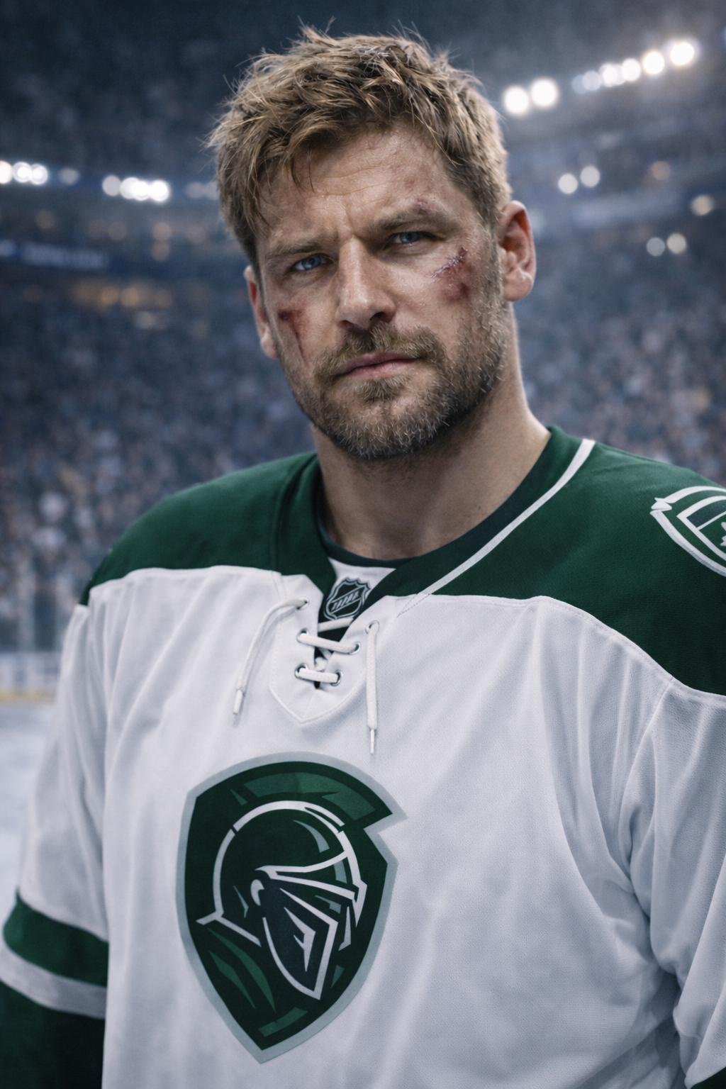 A male hockey player with a beard and short hair, wearing a white and green hockey jersey with a Spartan helmet logo, standing on an ice rink with a blurred crowd in the background.