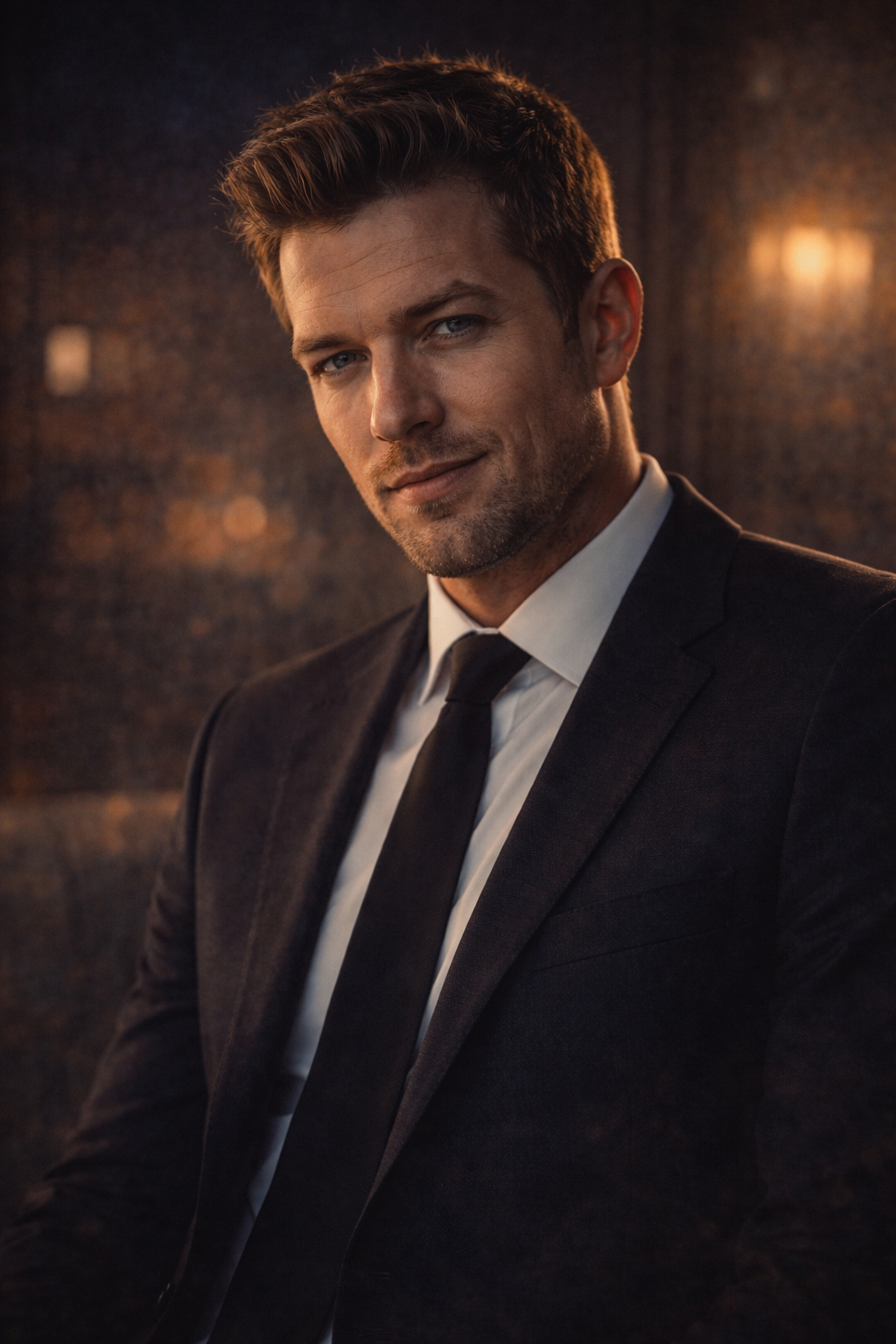 A handsome man in a black suit and tie, with short brown hair and stubble, looking confidently at the camera against a dimly lit background.