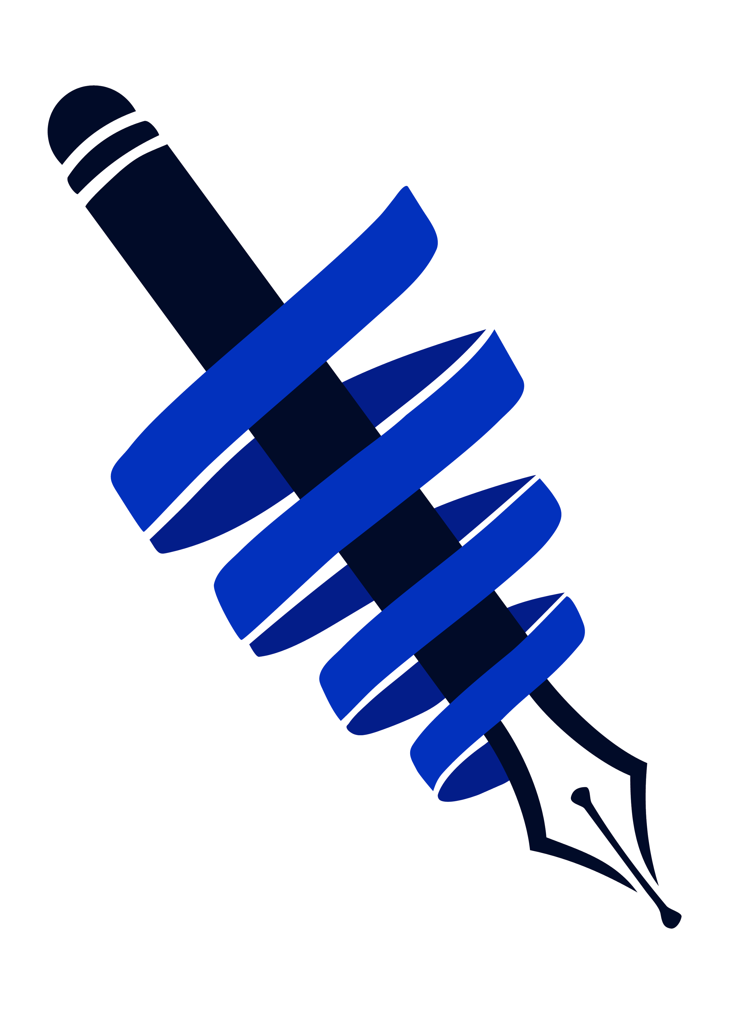 Illustration of a fountain pen with a winding ribbon around its barrel, in shades of blue and black.