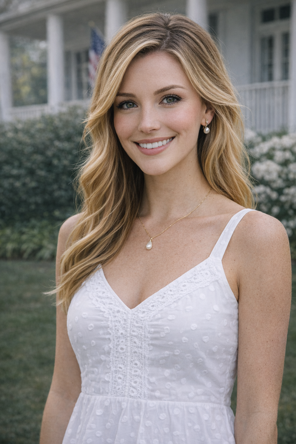 A young woman with long wavy blonde hair, blue eyes, and light skin is smiling outdoors. She is wearing a white sleeveless dress with embroidered details, pearl earrings, and a pearl necklace. In the background, there is a house with white porch railing, a lawn, and some bushes and flowers.