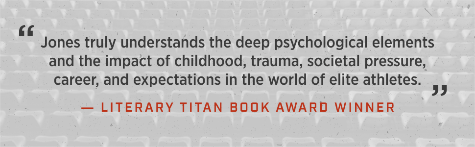 Quote about Jones understanding psychological elements impacting athletes, attributed to a Literary Titan Book Award winner, displayed on a light gray textured background.