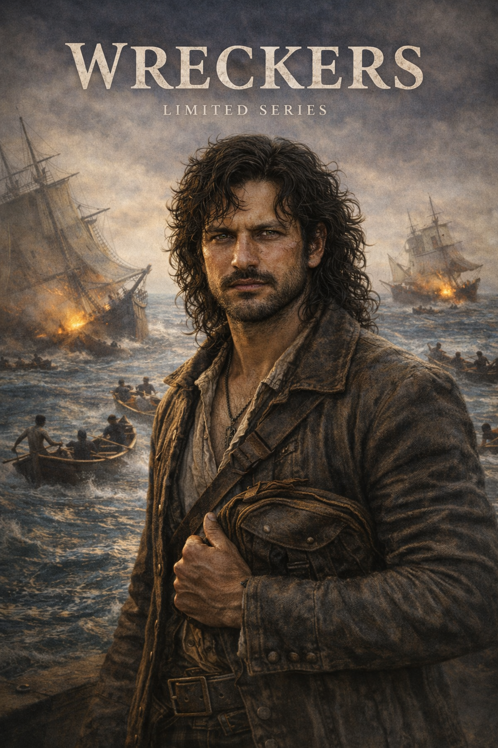 The image is a promotional poster for the limited series 'Wreckers.' It features a rugged man with long curly hair and a beard, dressed in worn, dirty clothing, standing in front of a chaotic sea scene with ships and boats engaged in a battle or rescue amidst fire and smoke.