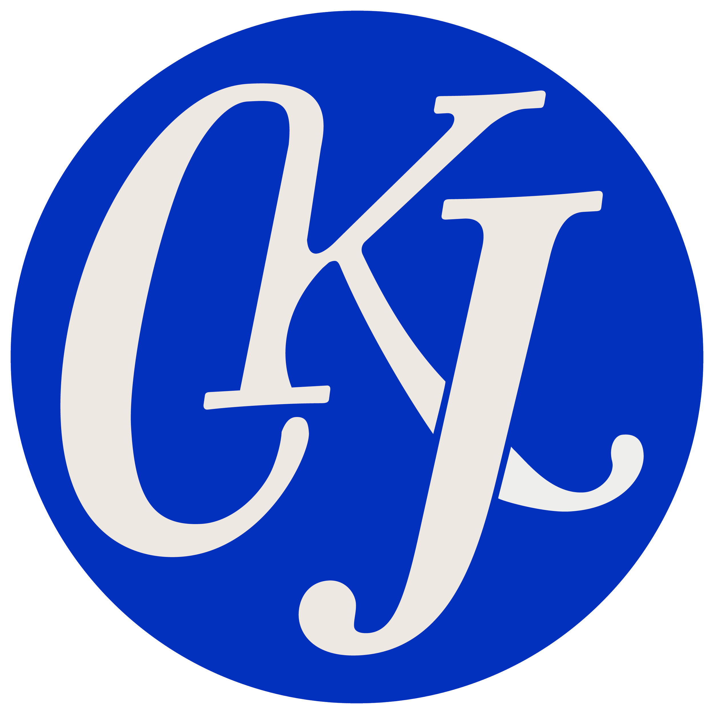 Circular logo with a blue background and white stylized letters 'CKJ' in the center.