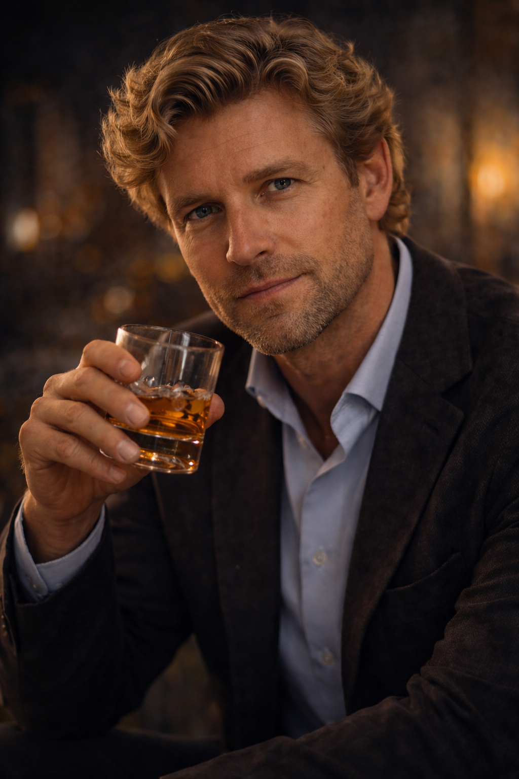 A man with wavy blond hair and blue eyes holding a glass of whiskey, wearing a dark blazer over a light blue shirt, with a warm, blurred outdoor background.