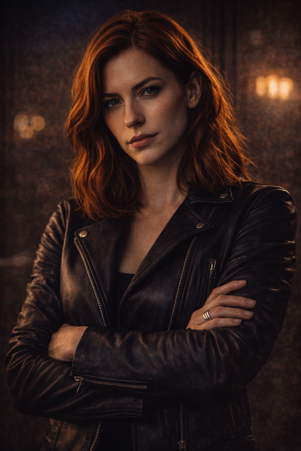 Portrait of a woman with red hair wearing a black leather jacket, crossing her arms, in a dimly lit setting.