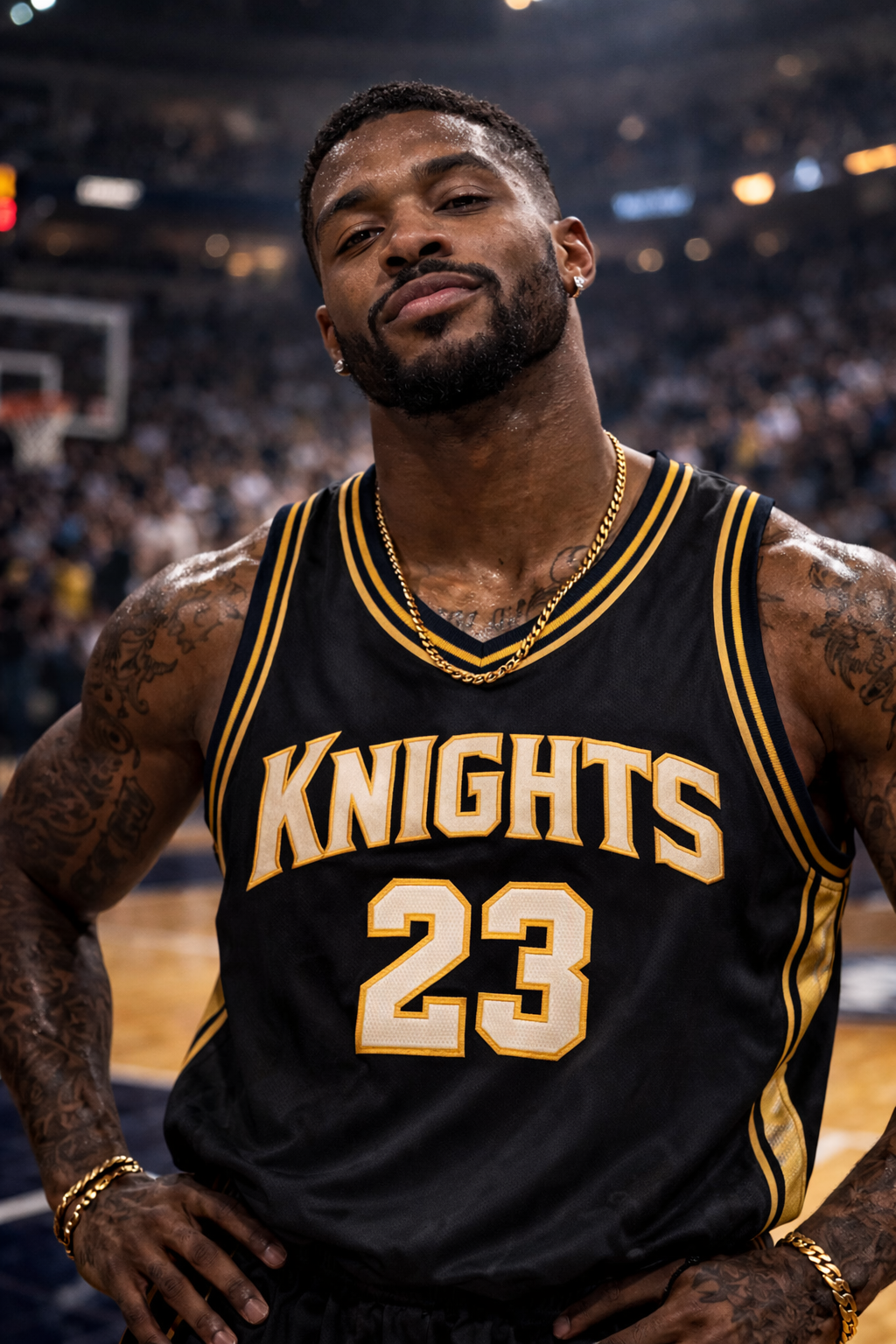 A basketball player standing on the court wearing a black and gold New Orleans Knights jersey with the number 23, gold chains, and jewelry, with his hands on his hips in a sports arena.