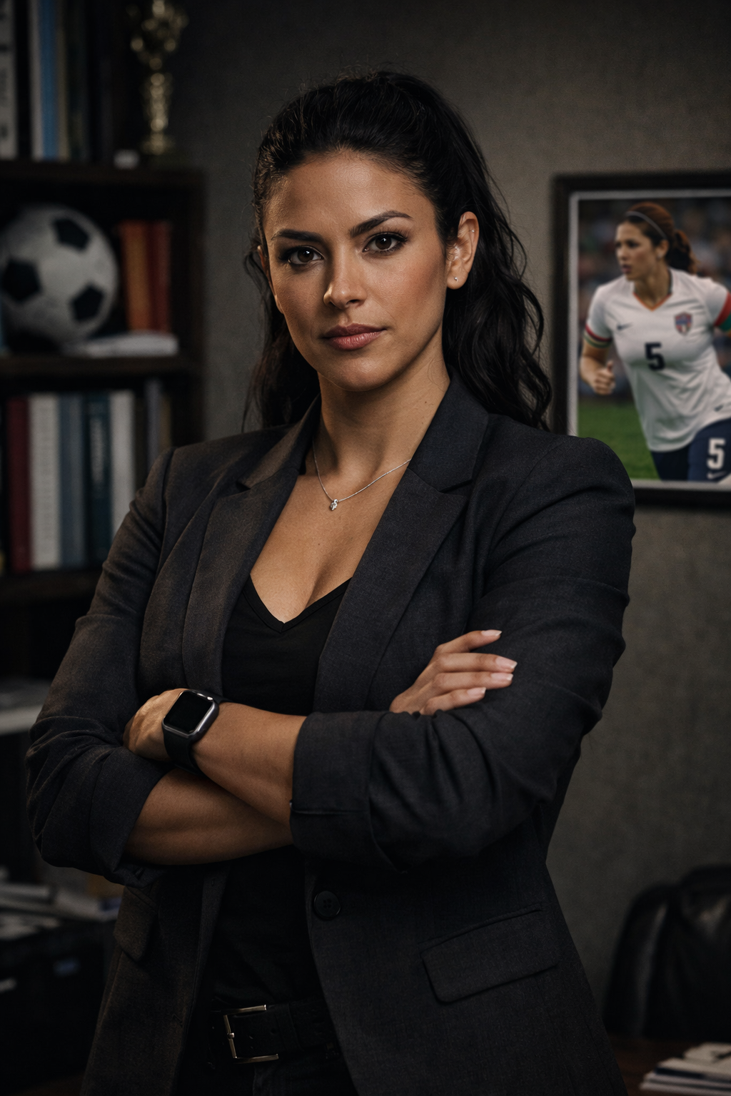 A confident woman with dark hair, dressed in a dark blazer and top, standing with arms crossed in an office or sports-related environment. There is a framed photo of a female soccer player on the wall behind her and a bookshelf with a soccer ball and books.