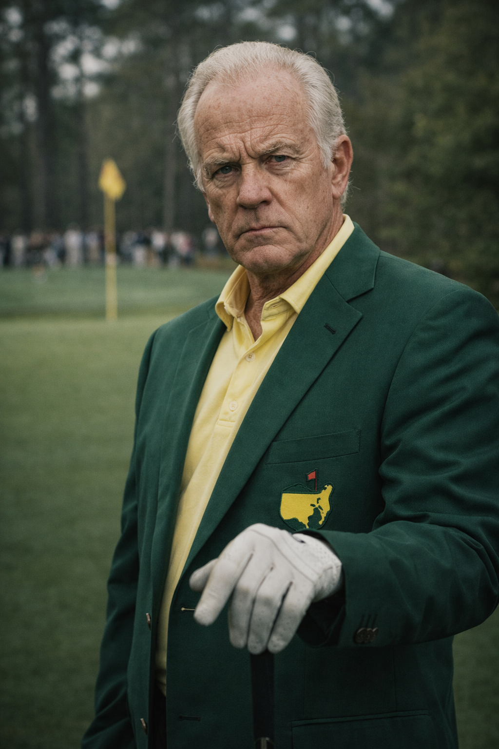 An elderly man in a green blazer and yellow polo shirt standing on a golf course with a serious expression.