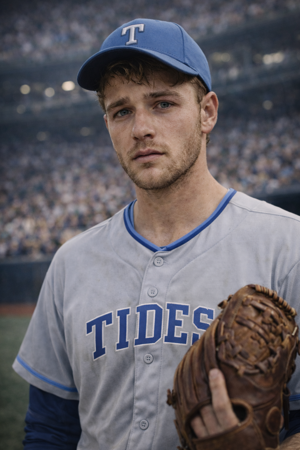 A young male baseball player wearing a blue cap and a gray jersey with 'TIDES' written on it, holding a brown leather glove, standing on a baseball field with a stadium crowd in the background.