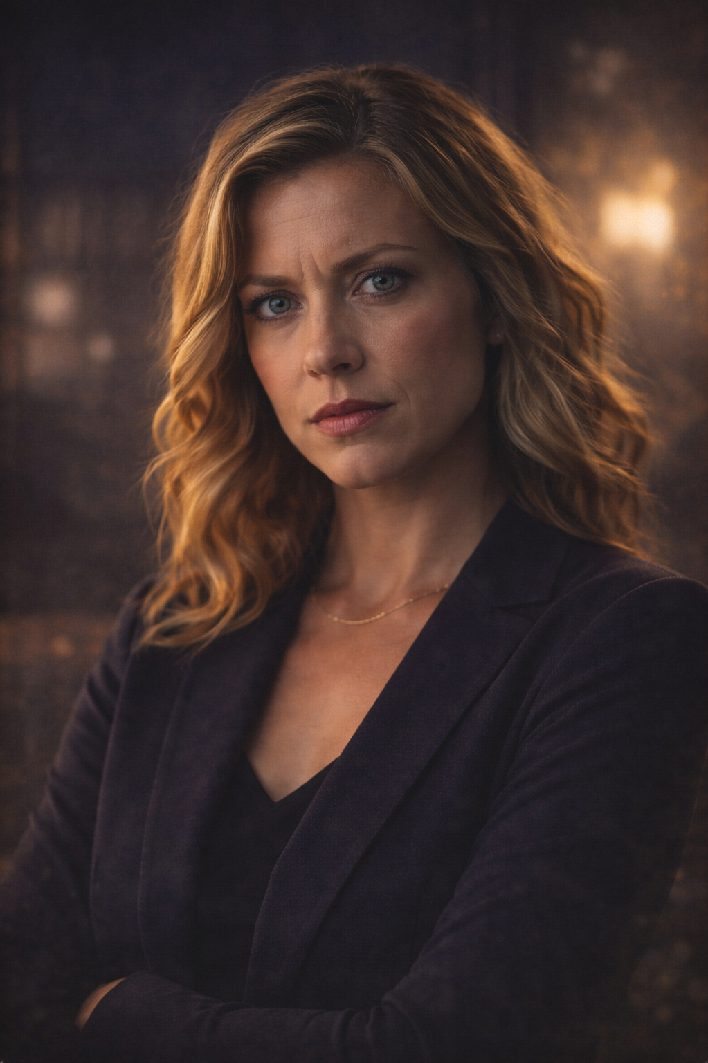 A woman with long, wavy red hair and blue eyes looking directly at the camera, dressed in a dark blazer and black top, with a blurred dark background and warm lighting.
