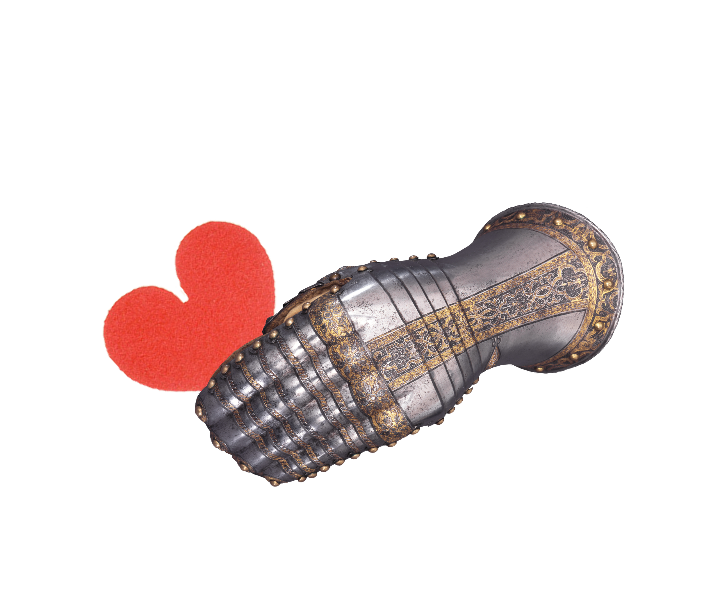 A medieval-style gray and gold armored gauntlet with a red felt heart attached.