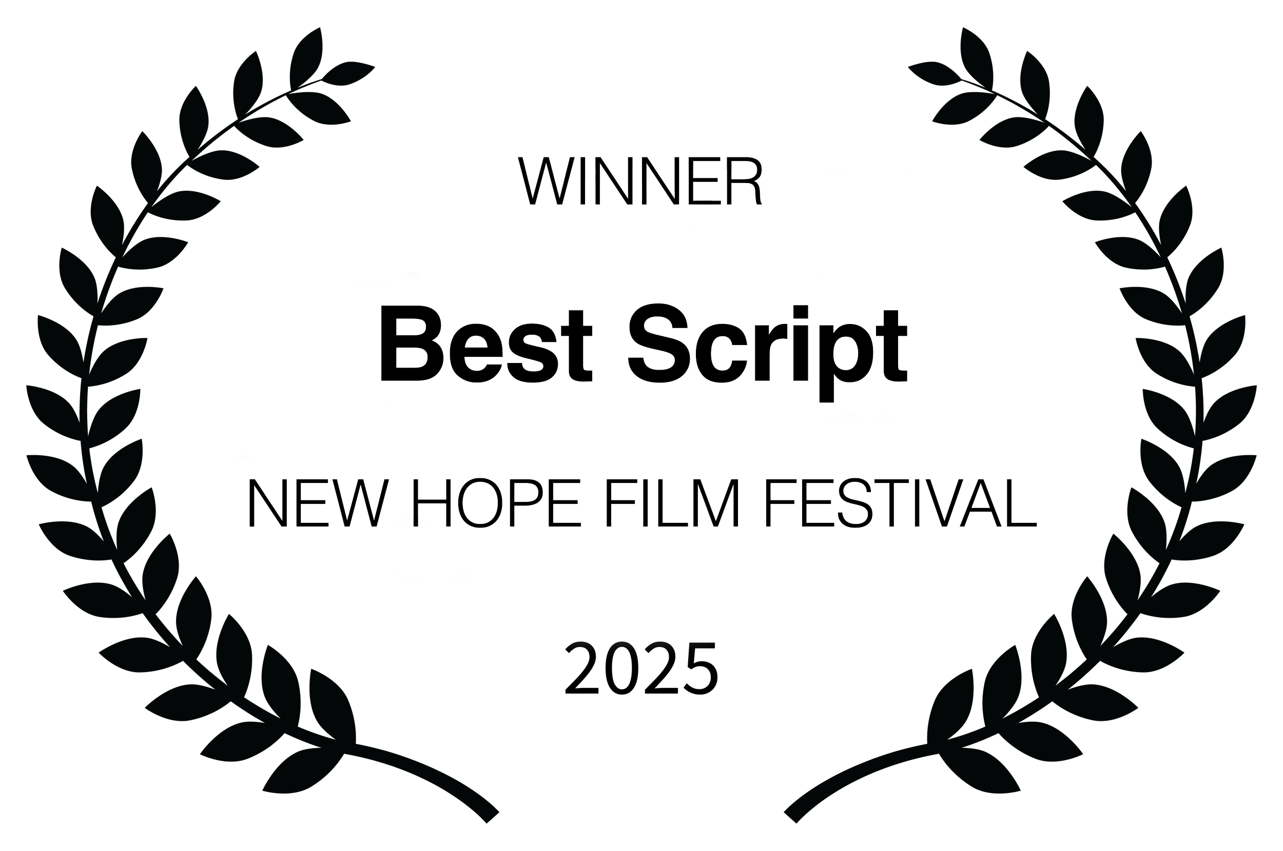 Award badge with laurel wreath, inscribed with 'Winner Best Script New Hope Film Festival'.