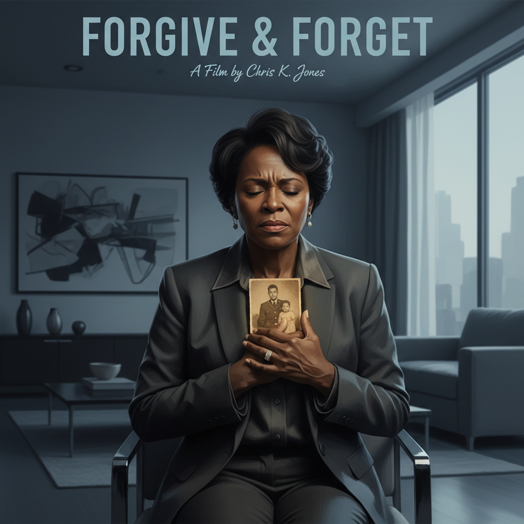 A woman sitting in a modern living room, holding an old black-and-white photograph of a young man in military uniform and a child. She appears somber and reflective.