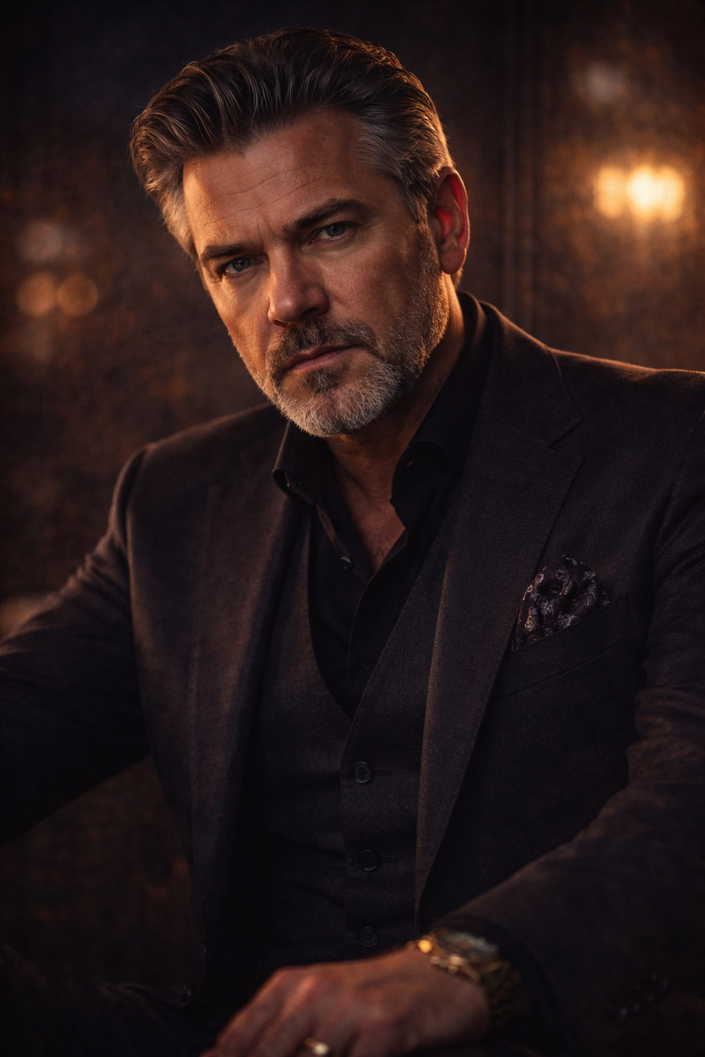 A man with gray hair and beard, dressed in a black suit and shirt, sitting in a dimly lit room with warm lighting.