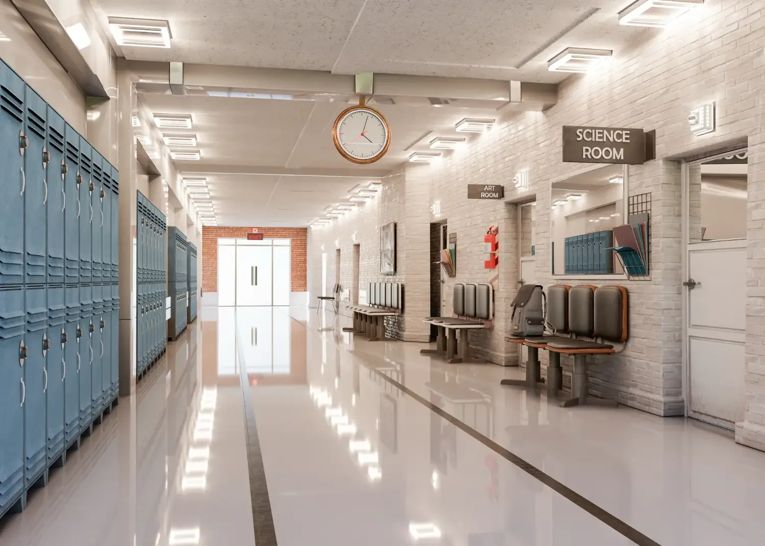 School hallway with blue lockers on the left, white brick walls on the right, a row of benches with chairs and backpacks, and signs indicating science and art rooms. A clock shows 3:00, and double glass doors are at the end of the hall.