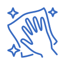 A hand cleaning a surface with a cloth, with sparkles indicating cleanliness