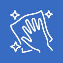 A hand wiping a mirror or glass surface with a cloth, with sparkles indicating cleaning or shining.