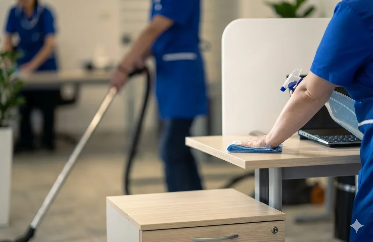Caregivers cleaning a desk with a cloth in an office or healthcare setting.