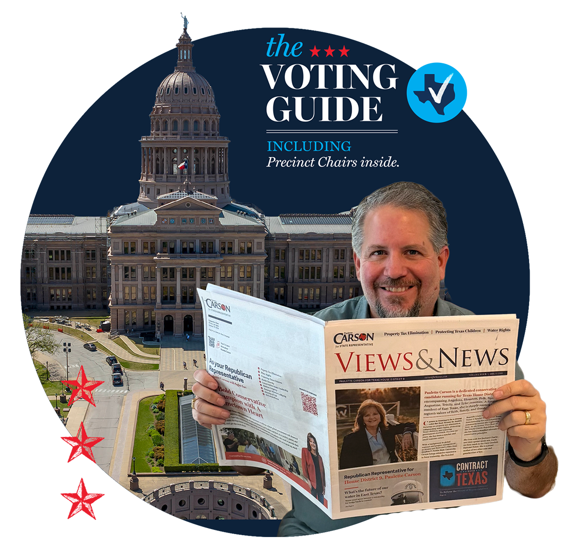 A man smiling and reading a newspaper in front of the Texas state capitol building. The newspaper features a candidate for Texas House District 9, and the image promotes voting information for Texas.