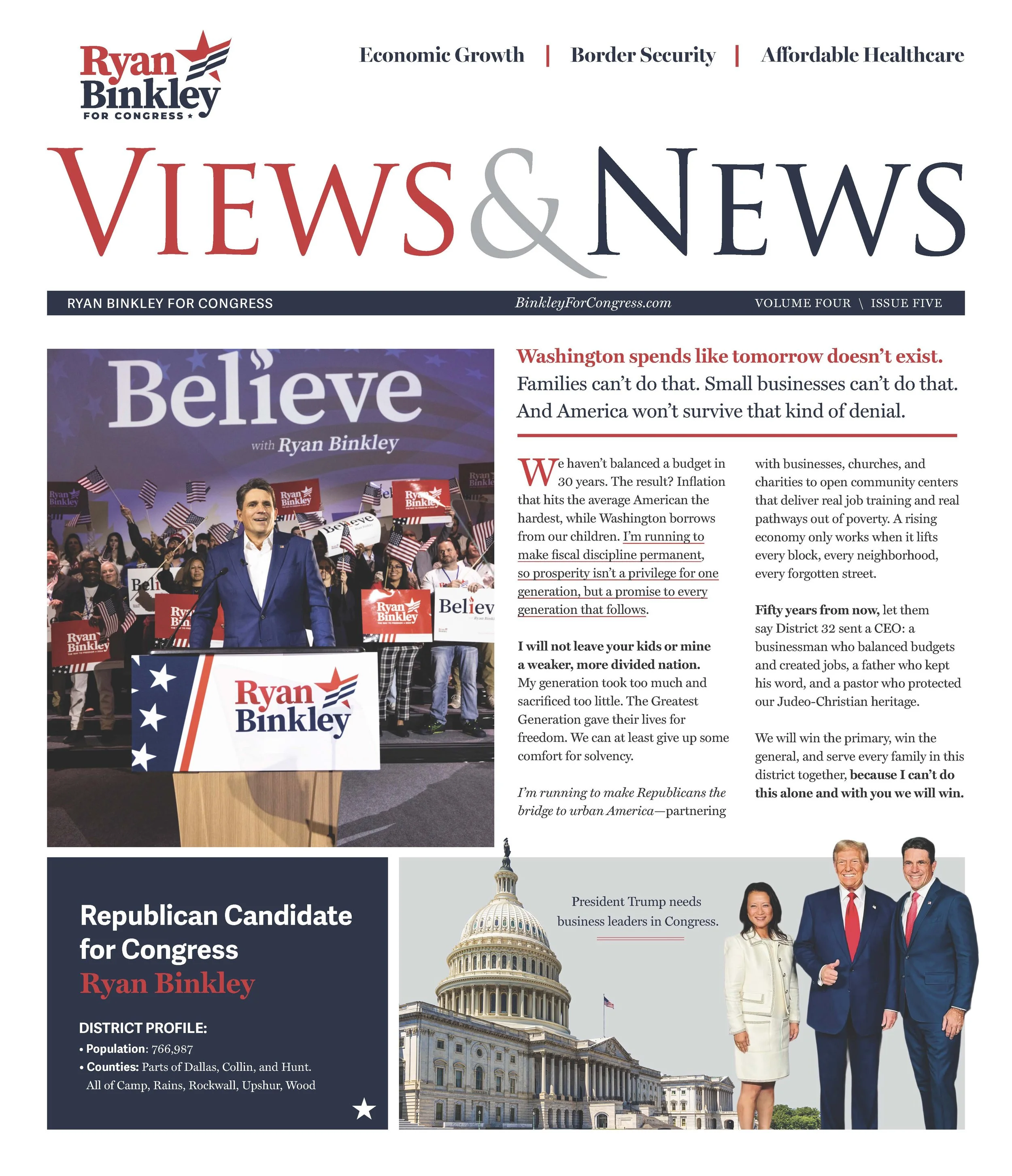 A political campaign newsletter for Ryan Binkley, a Republican candidate running for Congress. The newsletter features a photo of Binkley at a rally with supporters holding American flags, the Capitol building, and three people standing in front of it.