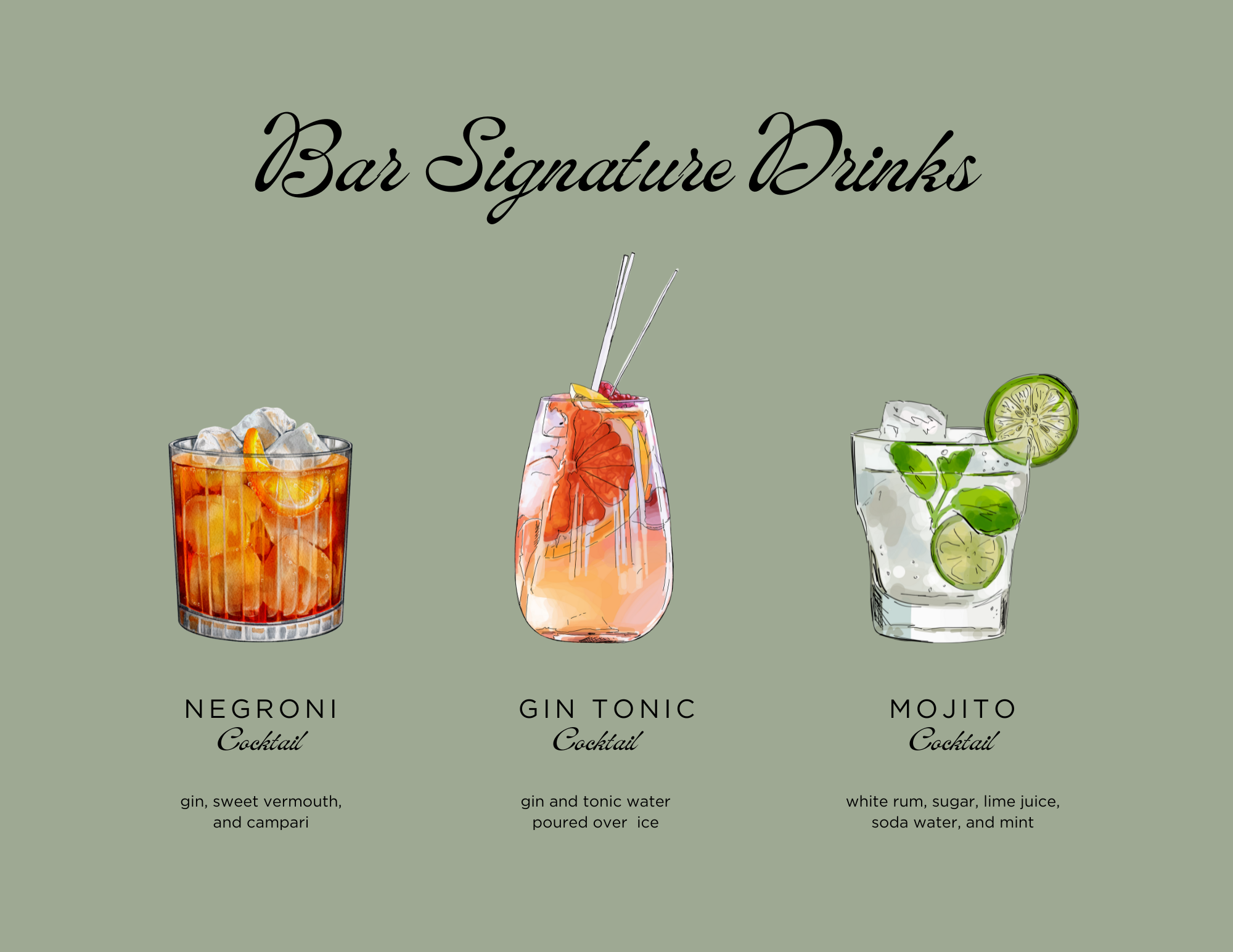 Illustration of three cocktails labeled 'Negroni,' 'Gin Tonic,' and 'Mojito' with descriptions of ingredients below each. The background is light green with black cursive and block lettering. A custom signature drink menu and his and hers drinks