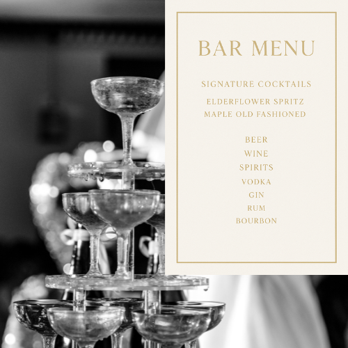 A champagne tower and a bar menu listing signature cocktails and various alcoholic drinks such as beer, wine, spirits, vodka, gin, rum, and bourbon.