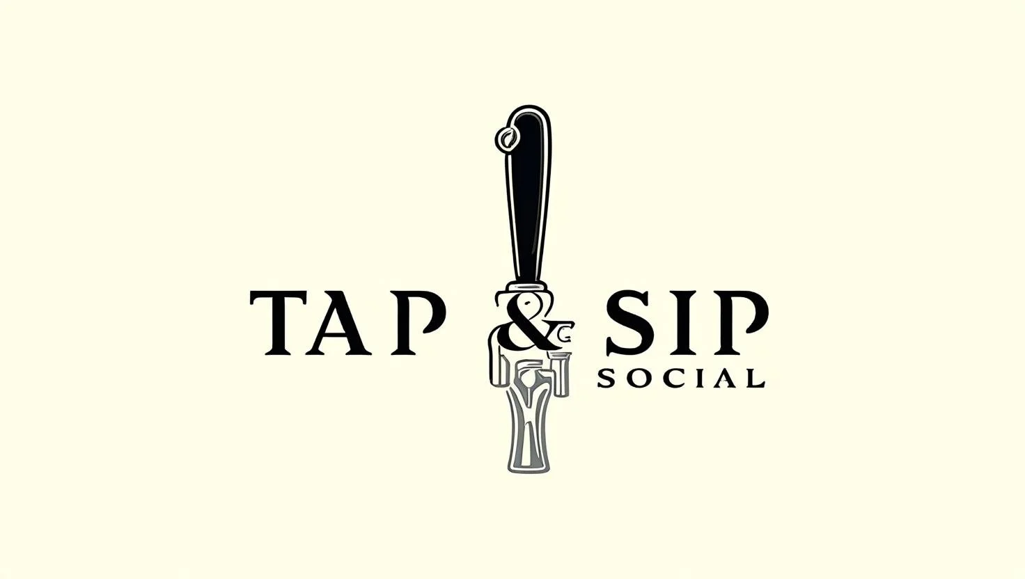 A logo with the words 'Tap & Sip Social'. The 'Tap' and 'Sip' are separated by a stylized tap handle, with the words 'Tap' on the left and 'Sip' on the right. The word 'Social' is underneath 'Sip' in smaller font.